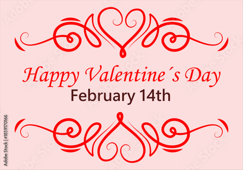 Diseño de tarjeta para el día de san valentín con adornos de filigrana roja y corazones elegantes