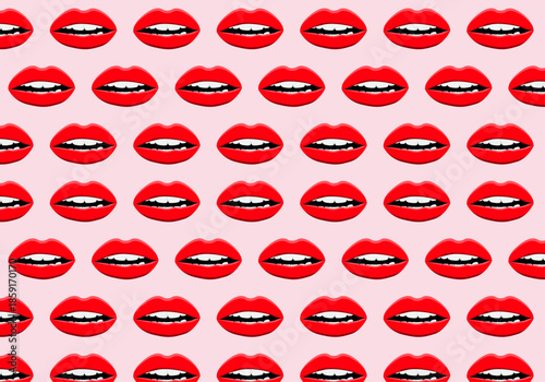 Patrón repetitivo de labios rojos realistas sobre un fondo rosa suave