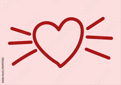 Contorno de corazón rojo dibujado a mano con líneas de expresión sobre fondo rosa claro