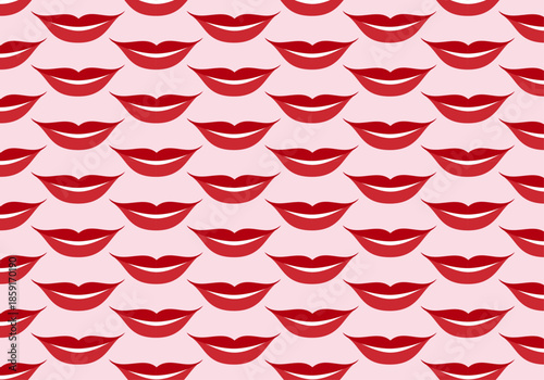Patrón repetitivo de labios rojos sonrientes sobre un fondo rosa claro