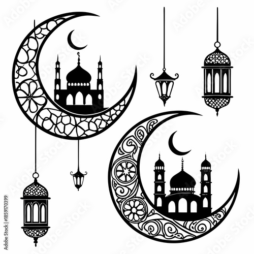 Illustrative crescent moons with mosques and lanterns