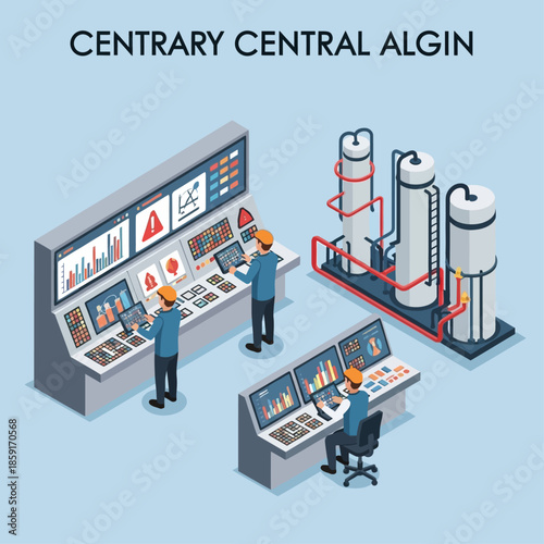 Isometric illustration of an industrial control room with operators monitoring systems and processing units in a factory setting.