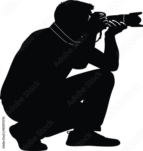 Professional photographer silhouette crouched with camera, man taking photo illustration, creative media journalism concept isolated on white background for design.