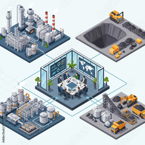 Isometric illustration of industrial processes, mining operations, and a central business meeting room connected by a network.