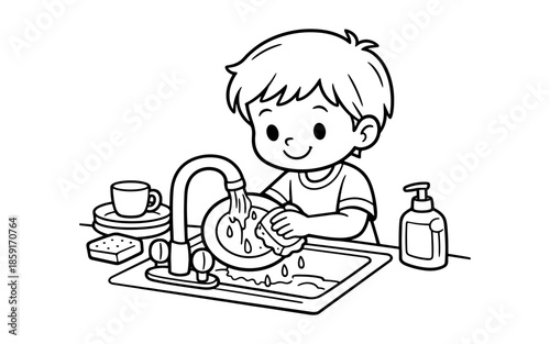 Cute cartoon boy happily washing dishes at the kitchen sink with a sponge