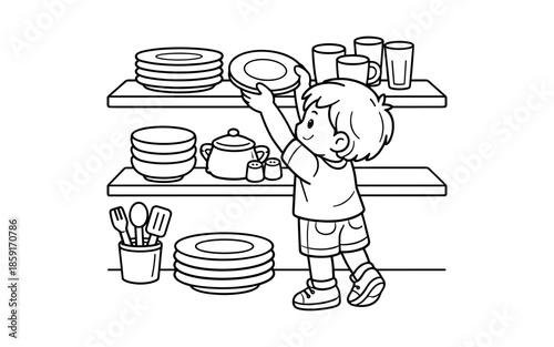 Cute cartoon boy reaching for a plate on a shelf, line art illustration