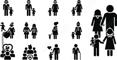 Collection of black stick figure family and parent child icons on white background father mother