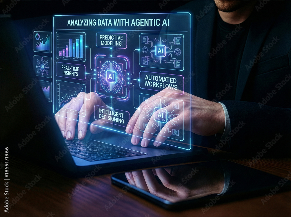 Fototapeta premium Businessman interacting with ai hologram in office, Concept of artificial intelligence, chatbot, virtual assistant, and generative AI technology.