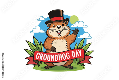 Happy groundhog day celebration with furry weather predictor