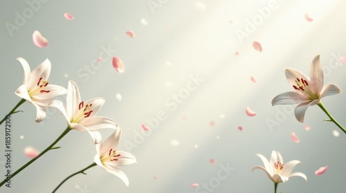Serene White Lilies and Delicate Petals Drifting in Gentle Breeze on a Softly Lit Day