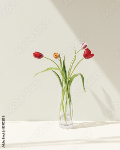 Close-up of colorful tulips on a soft beige background

