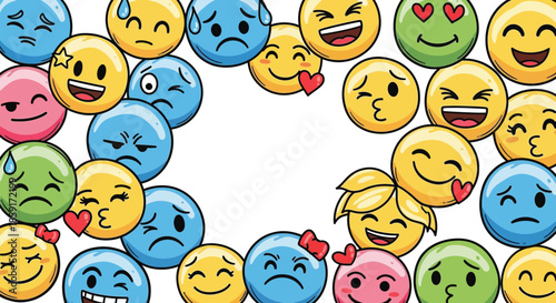 Set of hand drawn emoticons. Vector sketch doodle collection of smiley face icons and expressions.