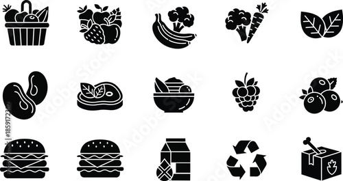 Food and beverage solid icons set – filled, silhouette, culinary and kitchen symbols