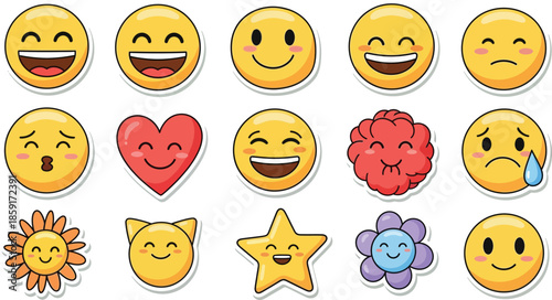 Colorful emoji set featuring various expressive faces in flat style