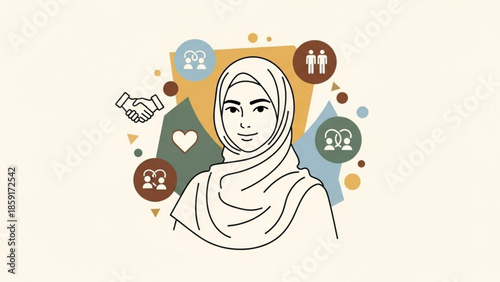 Woman in hijab with icons of relationships diversity and community flat vector illustration for social concepts