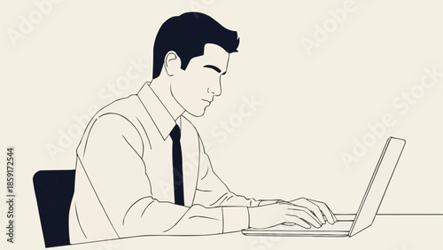 Man in shirt and tie working on a laptop computer at a desk.