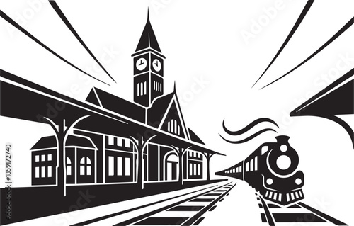 Vintage train station with clock tower and steam locomotive arriving on railway
