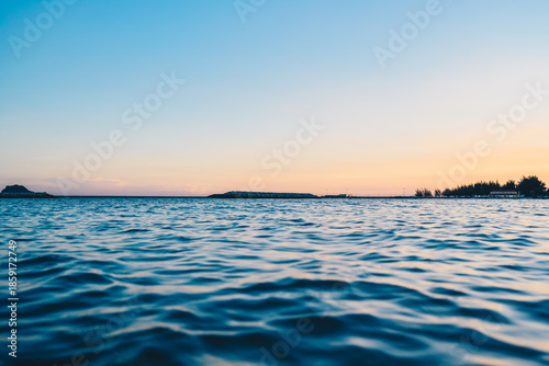 Calm Sea at Sunset with Horizon and Clear Sky