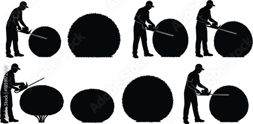 Gardener silhouettes trimming round bushes with electric hedge shears, landscaping worker maintenance service and garden topiary care icons set, vector illustration isolated on white