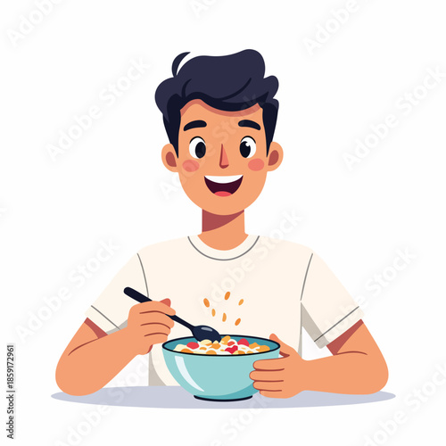 Young man eating breakfast cereal from a bowl. Happy male character holding spoon and muesli. Flat design vector illustration isolated on white background