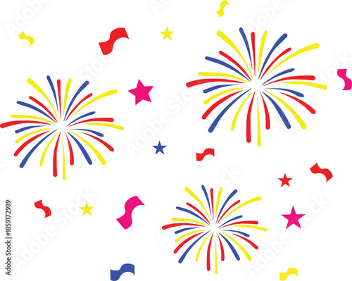 Celebration banner, modern fireworks clipart, wallpaper, celebration background, border, isolated on white background for independence day celebration , graduation, anniversary, party. 