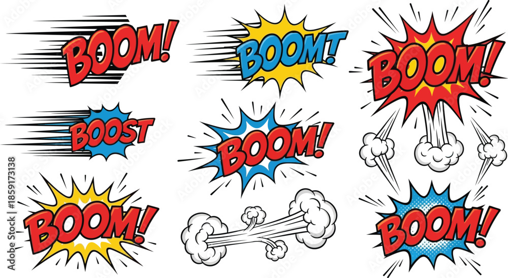 Obraz premium Set of Burst Icons Representing Explosion Bang Comic Style Effects for Emphasis Graphic Design Elements and Visual Storytelling Vector