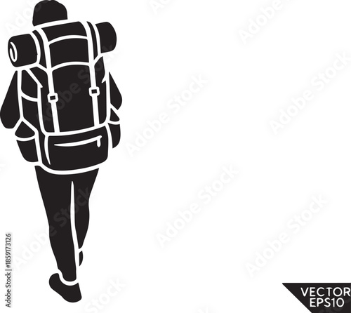 Backpacker walking with heavy hiking rucksack from rear view angle