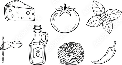 Mediterranean food set. Minimalist hand drawn food and drinks collection. Set of doodles, rough simple Italian cuisine food sketches. Vector illustration