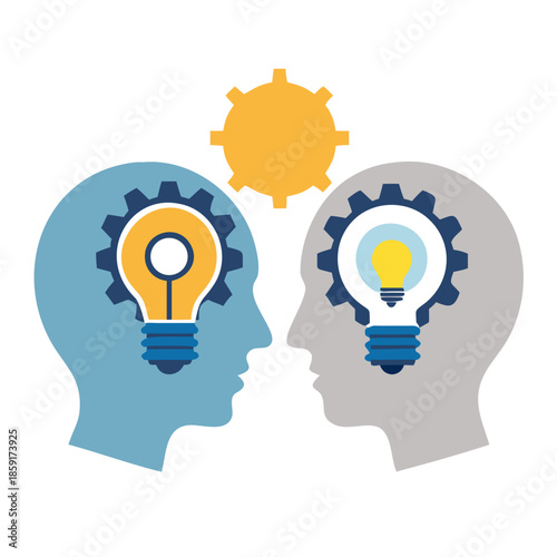Vector of two human heads made of gears with light bulb shape inside. Innovation technology and new idea generation concept

