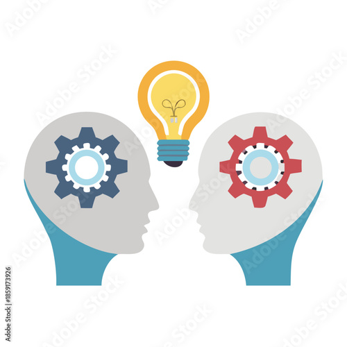 Vector of two human heads made of gears with light bulb shape inside. Innovation technology and new idea generation concept

