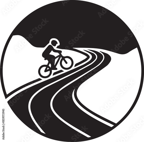 Cyclist riding bicycle down winding mountain road representing outdoor sport activity