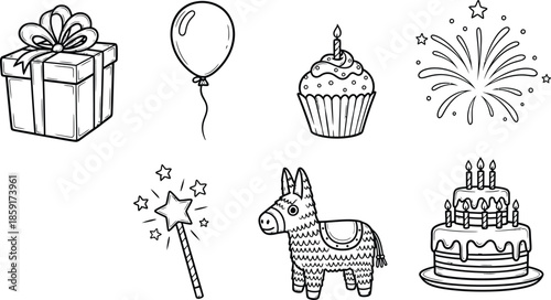 Collection of hand drawn doodle elements for fun party celebration and birthday events