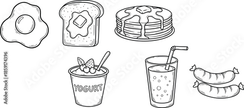 Breakfast doodle illustration set. Hand drawn food elements for morning meal designs. Cute vector sketch of coffee, eggs, croissant, jam, fruits, toast, waffles, breads 