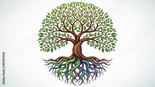 Vibrant tree of life illustration colorful roots and green canopy symbolizing growth and connection isolated on white