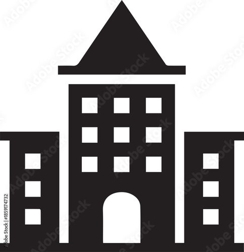 Stylized silhouette of a multi story building with arched entrance
