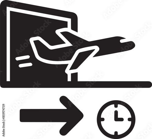 Airplane departing from gate with clock and arrow symbol
