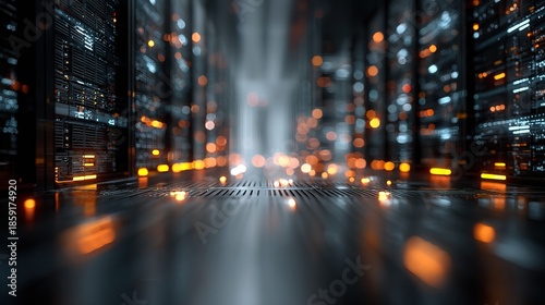 Abstract Data Center Blurred Perspective Futuristic Server Room Background
