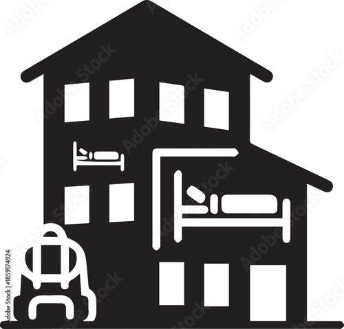 Hostel building icon with bunk beds and backpacker travel luggage