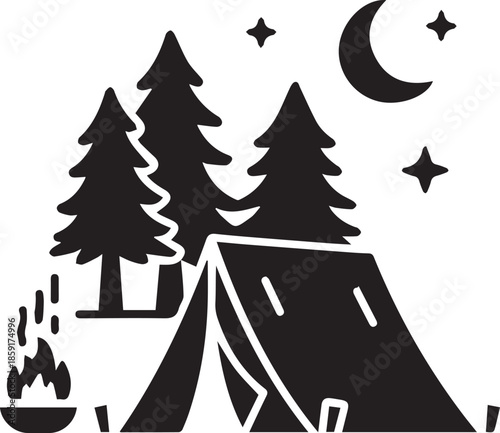 Camping scene tent campfire pine trees moon stars night sky