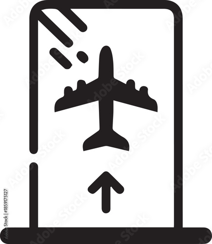 Airplane flying up through boarding gate entrance exit portal monochrome