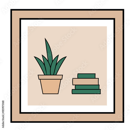 Minimalist illustration of potted plant and books on beige background
