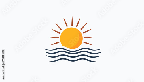 A stylized illustration of a vibrant orange sun with rays rising above dark blue ocean waves on a clear white background.