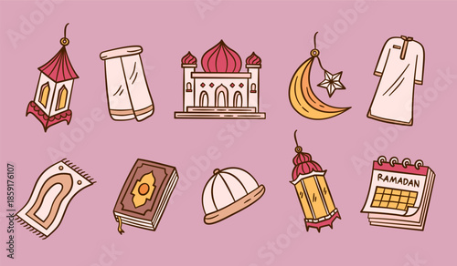 Ramadan hand drawn illustration pack. Set of Islamic doodle vector design elements. Sketch style line art muslim cartoon icon collection containing mosque, quran, prayer mat and cap, sarong, lantern.