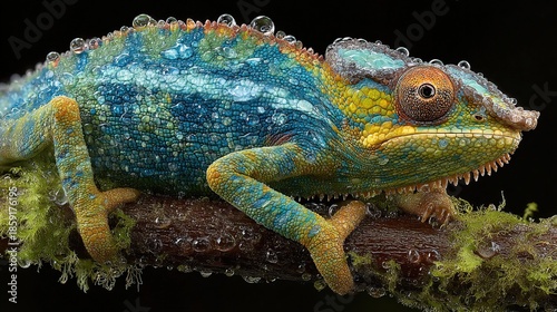 Detailed Close-up of a Colorful Panther Chameleon with Water Droplets on Branch