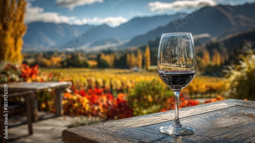 Scenic Vineyard Vista with Red Wine Glass on Wooden Tabletop