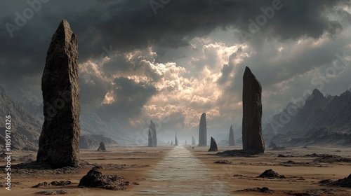 Atmospheric Dramatic Stone Pillars Landscape with Cloudy Sky and Distant Mountains