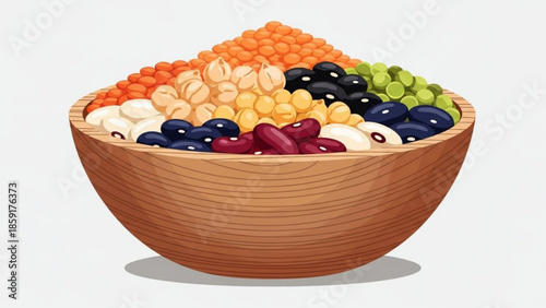 Assortment of healthy beans and lentils in a wooden bowl colorful variety for nutrition and cooking isolated on white background