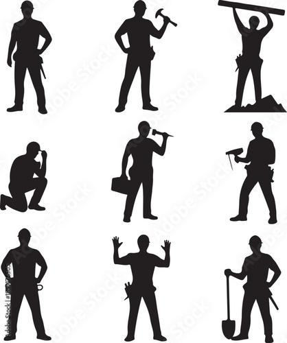 Collection of construction worker silhouettes in various poses isolated