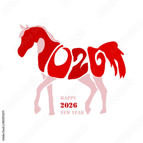 Holiday card Happy New Year 2026. Stylized image of a fire horse according to the Eastern Chinese calendar. Astrological New Year.	
