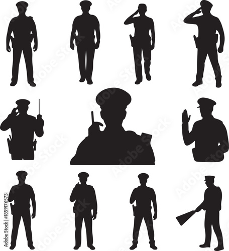 Silhouettes of police officers in various poses isolated on transparent background